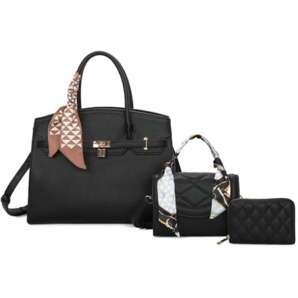 Scarf Top Handle Satchel Black 3-pc